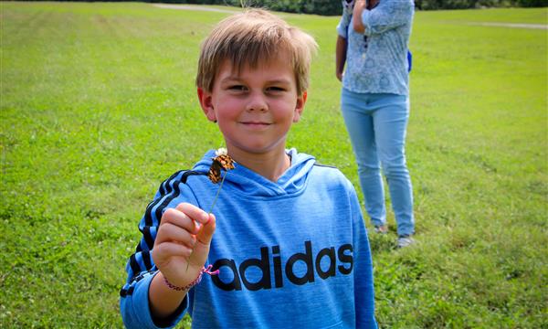 Boy holds out butterfly